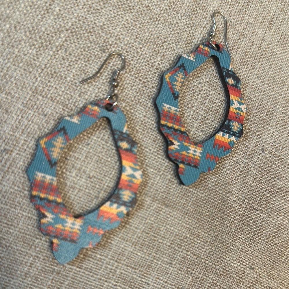 Boho Patterned/Aztec Pattern Turquoise Wood Drop Earrings - Picture 2 of 3